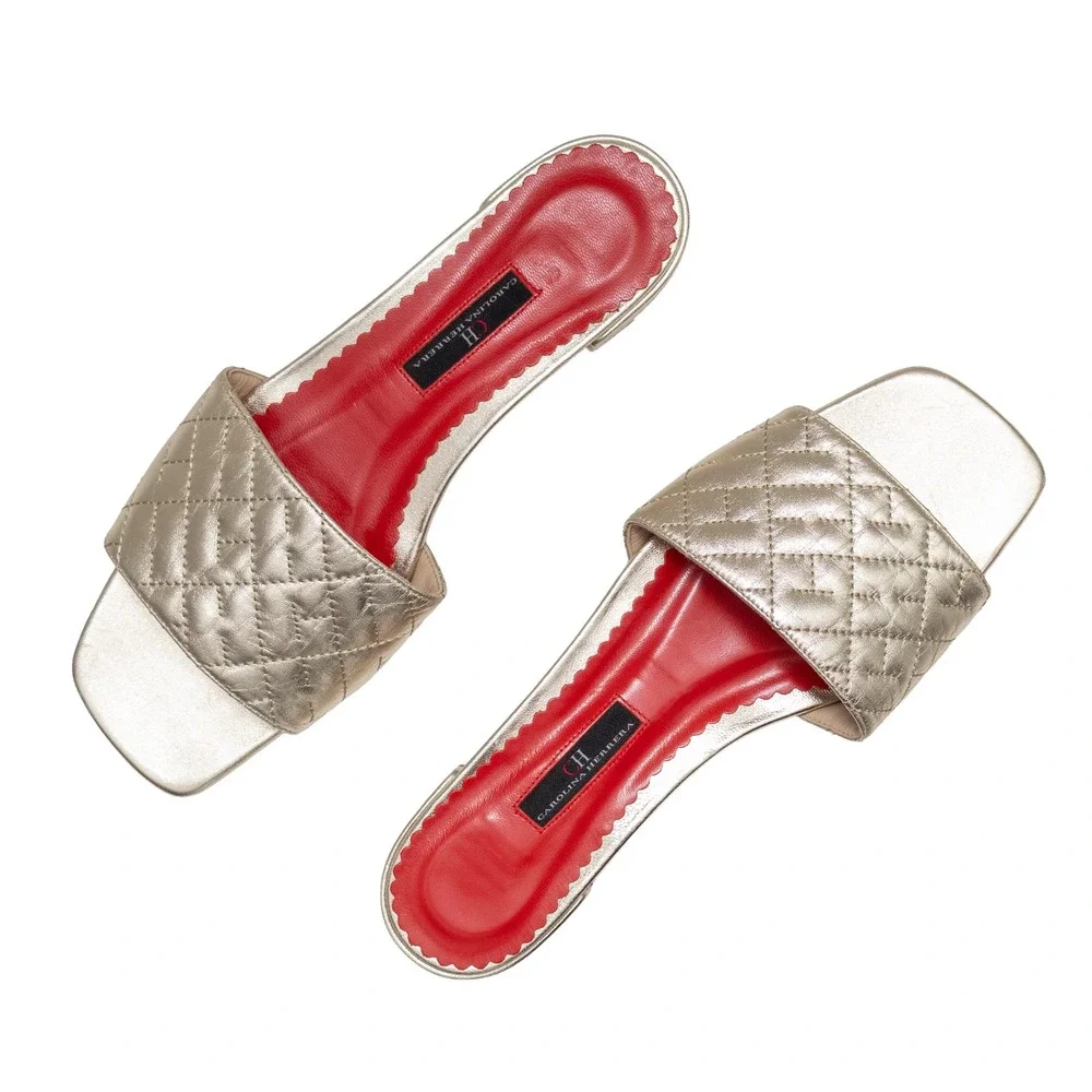 Carolina Herrera CH Gold Quilted Leather Slide Sandals Women's EU 39 US 8.5